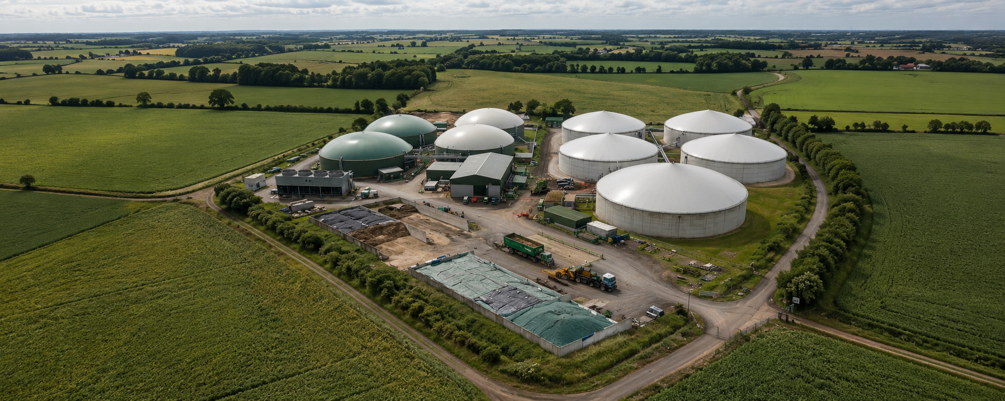 Aerial view of a biogas plant surrounded by agricultural fields