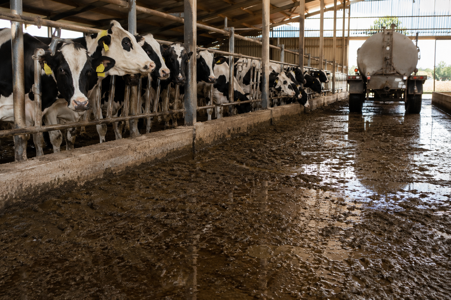 Dairy cows in a barn with manure collection